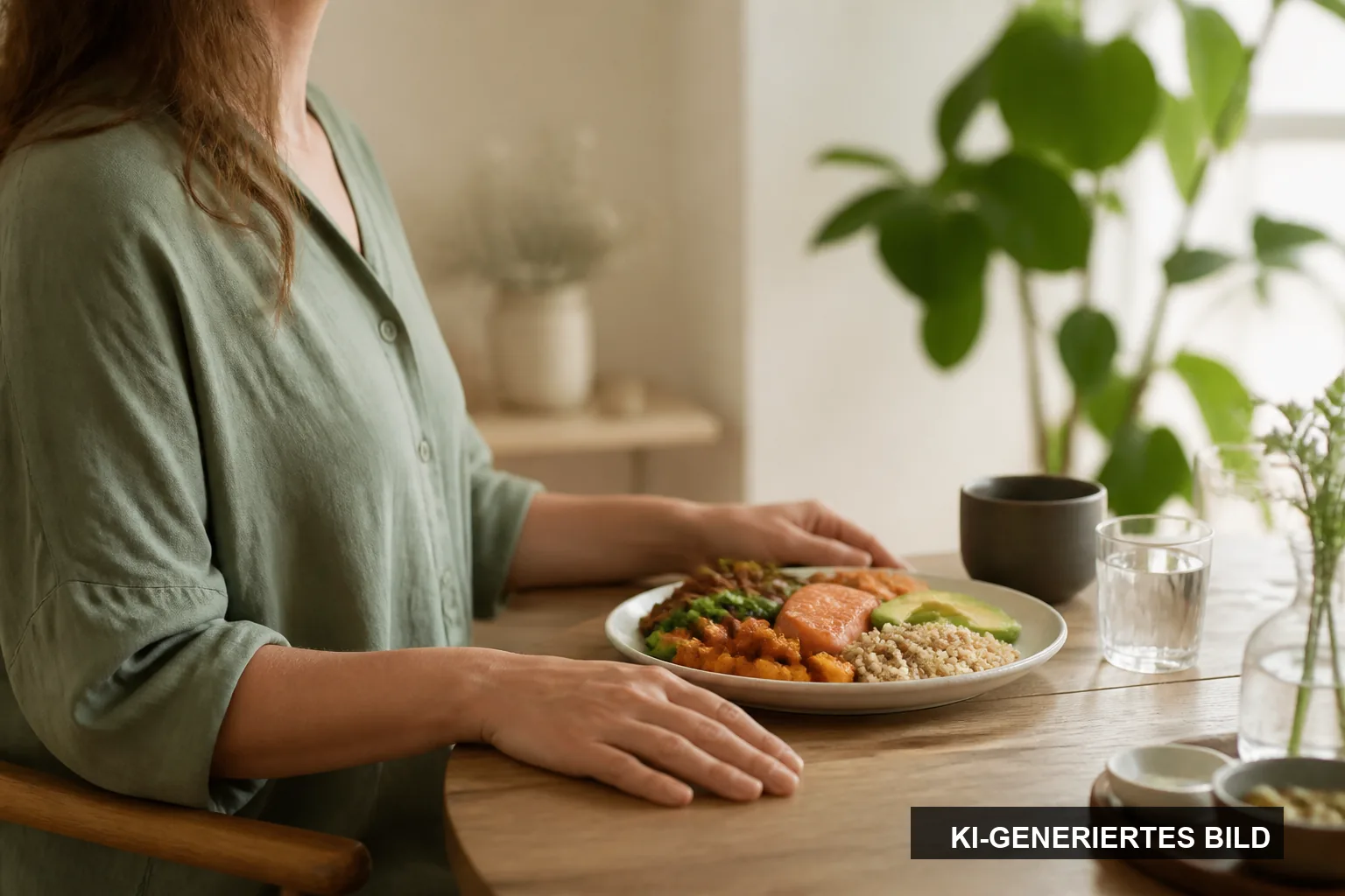 KI-generiertes Symbolbild: Eine Frau nimmt sich vor einer ausgewogenen Mahlzeit einen bewussten Moment
