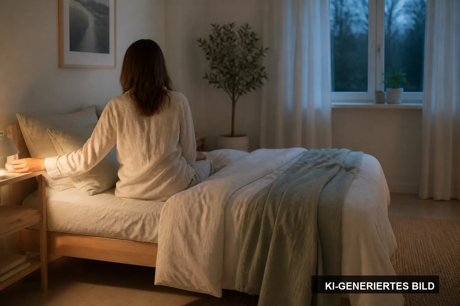 KI-generiertes Symbolbild: Eine Frau sitzt am Abend entspannt auf der Bettkante und schaltet das Licht aus