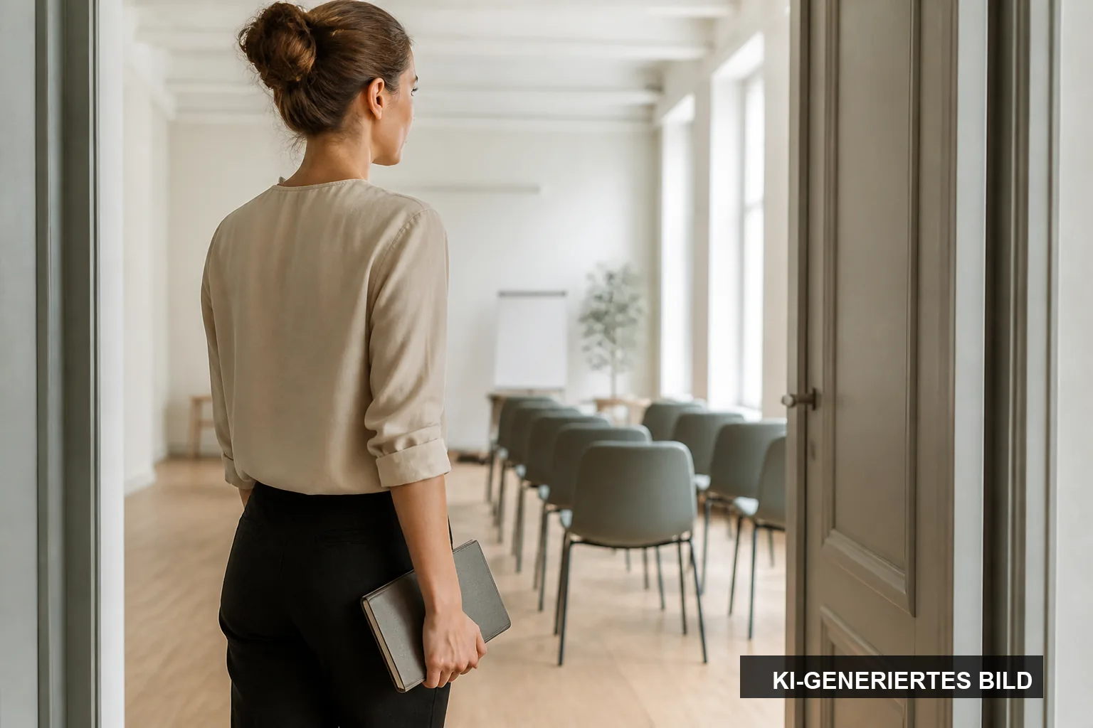 KI-generiertes Symbolbild: Eine Frau steht ruhig und vorbereitet vor einem hellen Vortragsraum