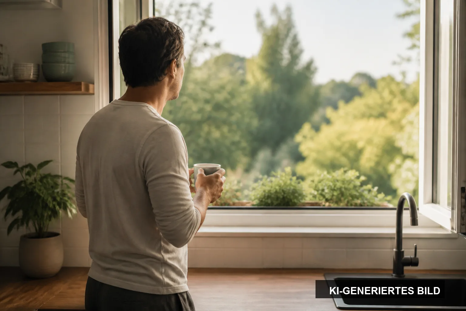 KI-generiertes Symbolbild: Ein Mann genießt am offenen Fenster einen ruhigen Morgen ohne Zigarette