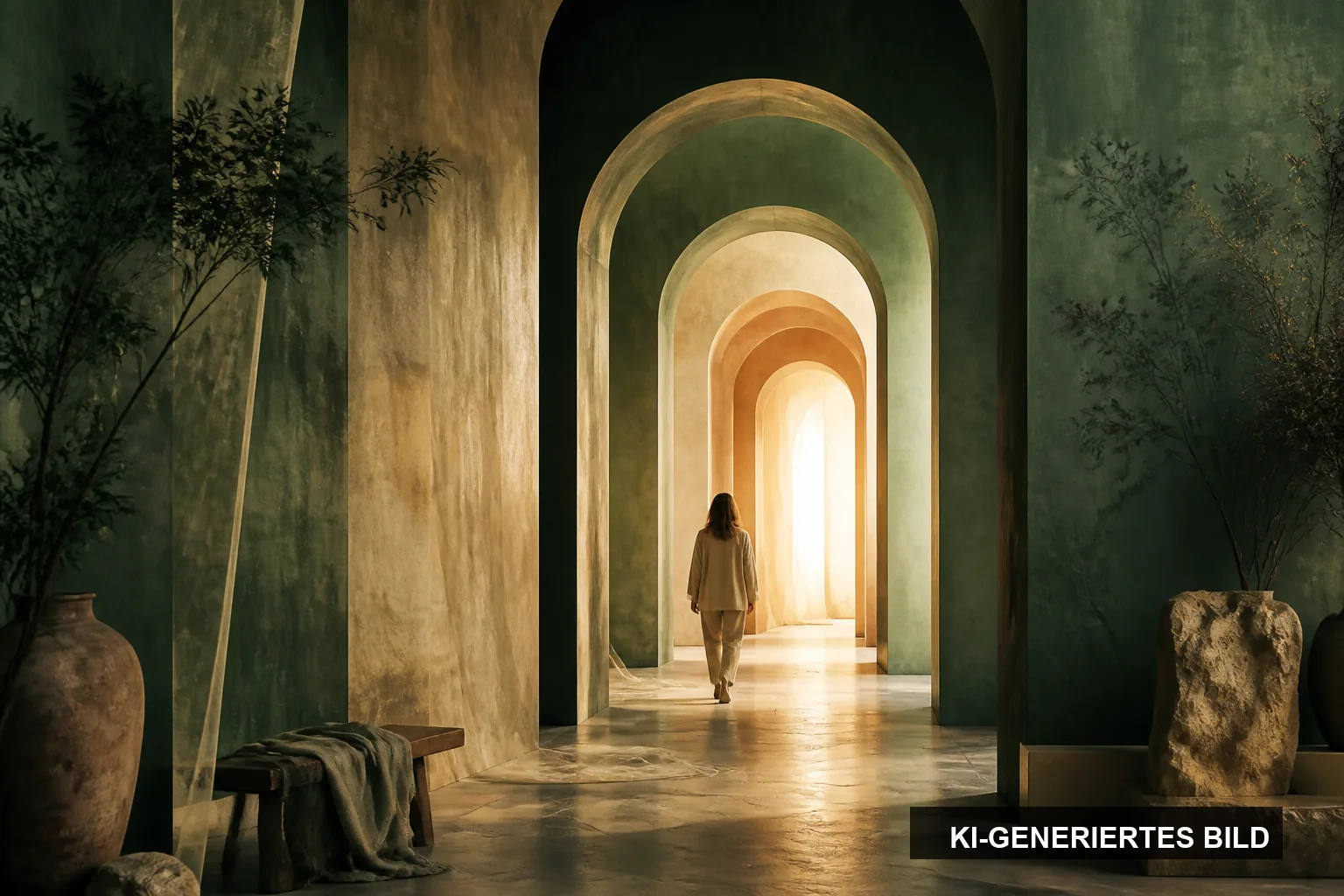 KI-generiertes Symbolbild: Eine Person geht durch eine Folge heller Torbögen