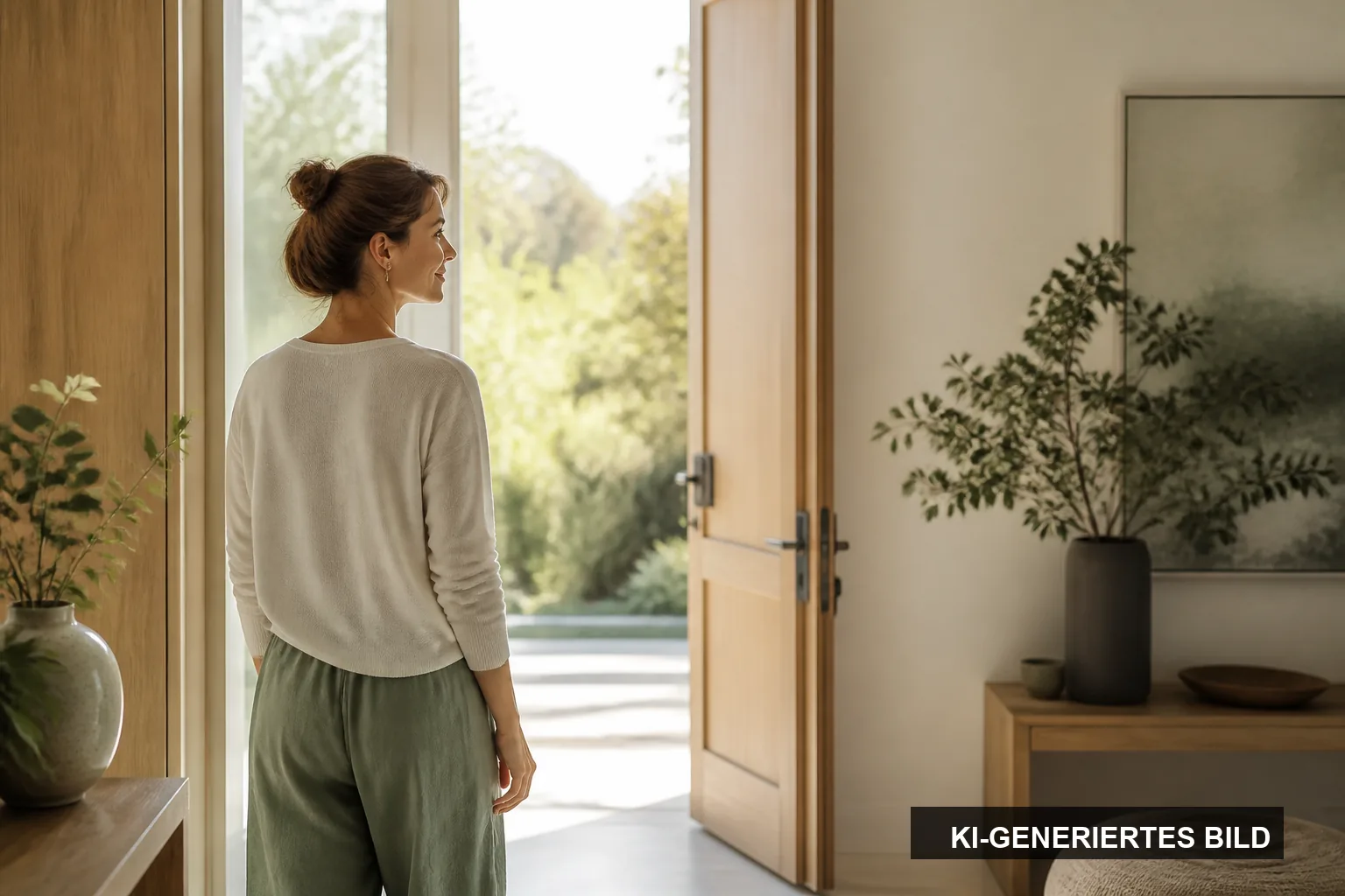 KI-generiertes Symbolbild: Eine Frau steht ruhig vor einer geöffneten Tür und blickt nach draußen