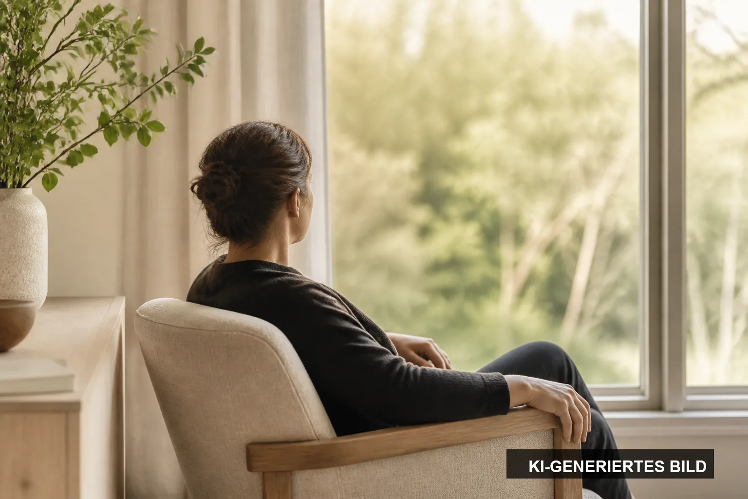 KI-generiertes Symbolbild: Eine Frau sitzt entspannt in einem Sessel und blickt ins Grüne